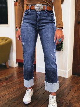 Real Teal Folded Cuffs Distressed Straight High Waist Jeans