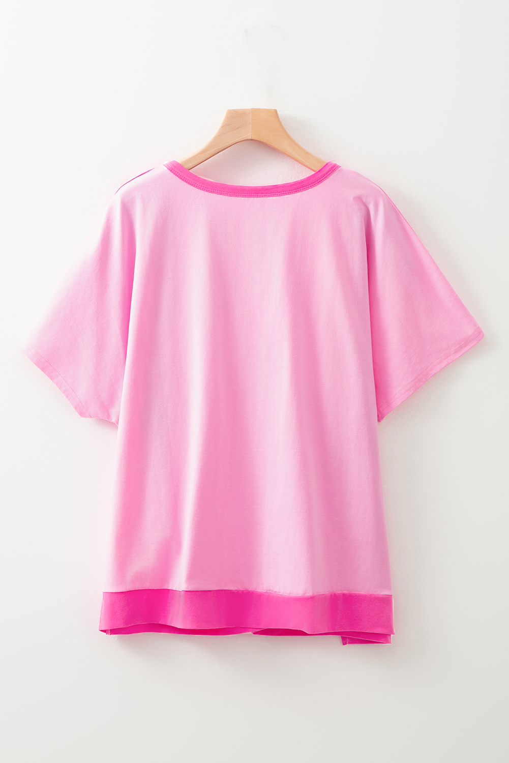 Bright Pink Colorblock Patchwork Short Sleeve Buttons Plus Size Henley Top - Image 4