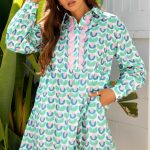 Green Floral Print Notched Neck Scalloped Detail Long Sleeve Mini Dress