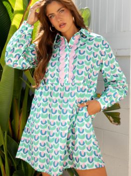 Green Floral Print Notched Neck Scalloped Detail Long Sleeve Mini Dress