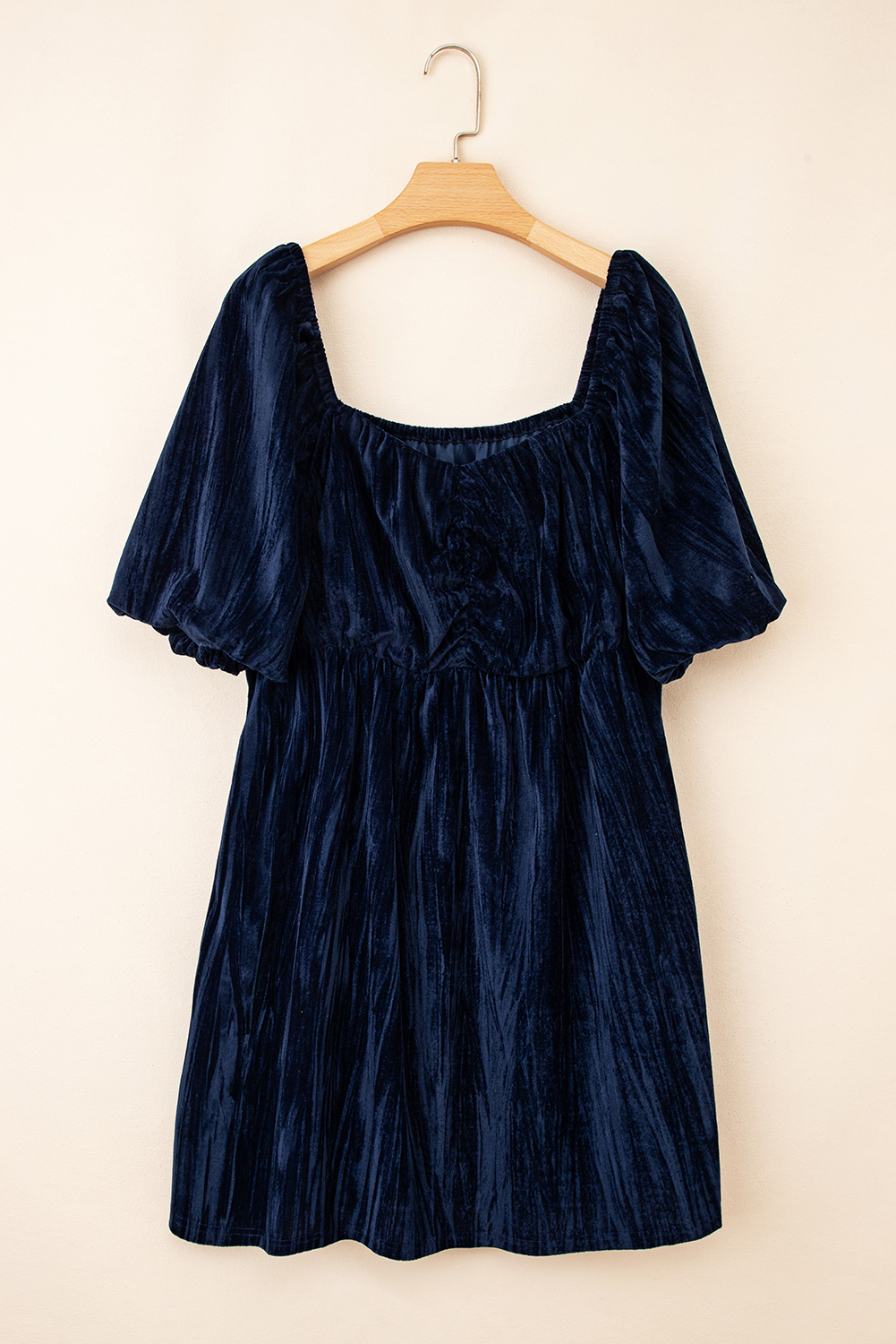 Navy Blue Velvet Ruched Bust Square Neck Short Puff Sleeve Plus Dress - Image 8