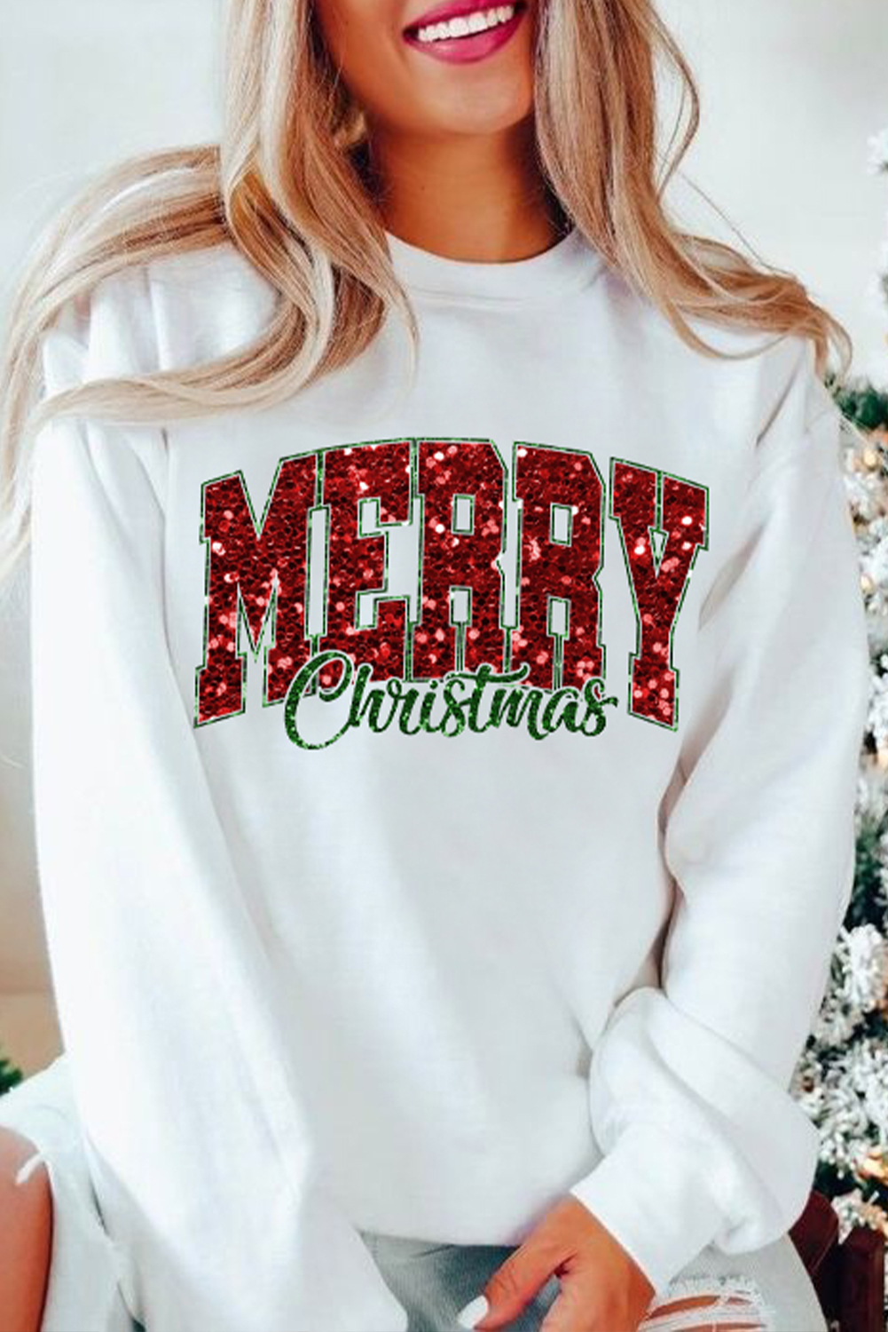 Beige MERRY Christmas Heat Transfer Printing Crewneck Pullover Sweatshirt - Image 4
