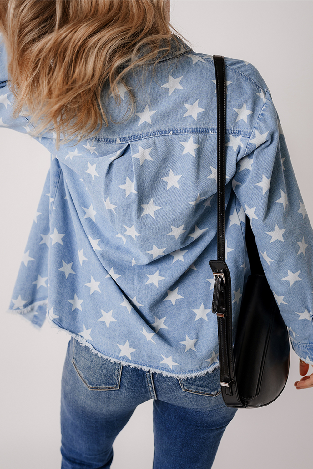 Sky Blue Star Print Light Wash Raw Hem Denim Jacket - Image 2