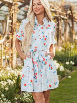 Sky Blue Stripe Floral Pattern Ruffle Short Sleeve Belted Mini Dress
