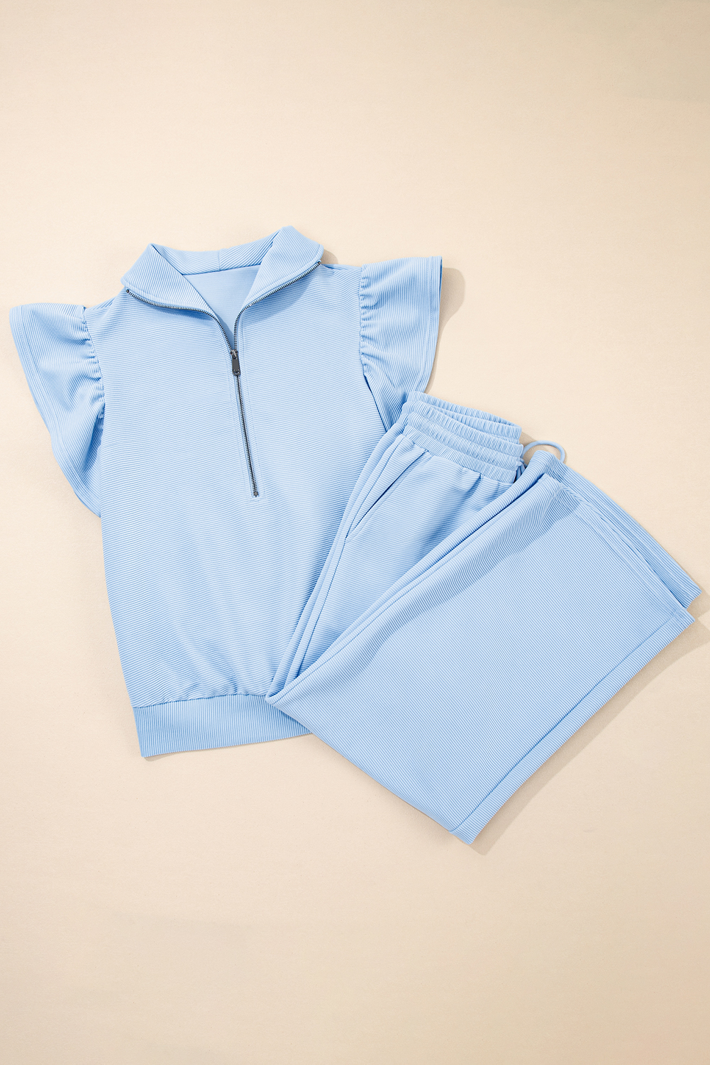 Beau Blue Textured Ruffled Sleeve Zipped Top and Wide Leg Pants Set - Image 4