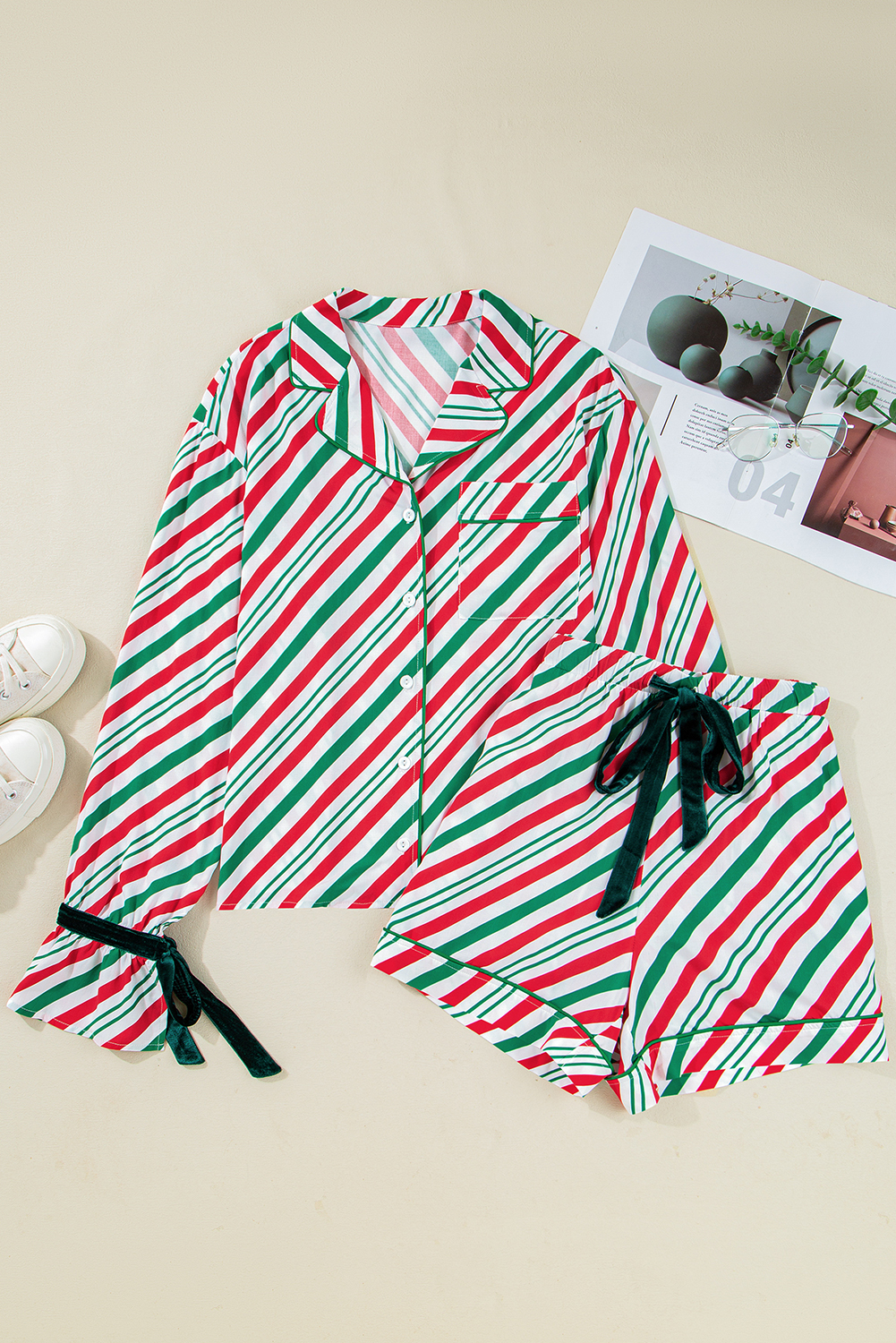 Green Stripe Contrast Velvet Ribbon Knot Christmas 2pcs Pajama Set - Image 3