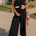 Black Color Block Pocketed T Shirt and Wide Leg Pants Set