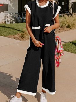 Black Color Block Pocketed T Shirt and Wide Leg Pants Set