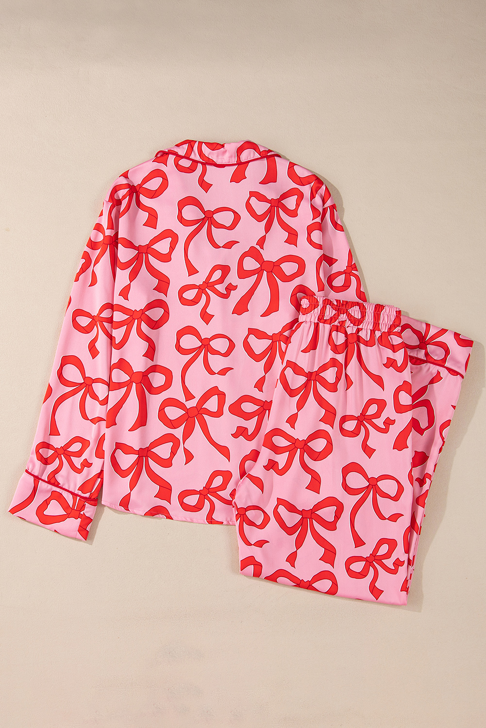Pink 2pcs Bow Print Shirt Style Long Sleeve Pajama Set - Image 4