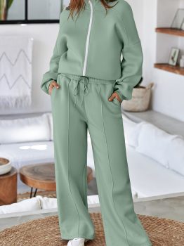 Clearly Aqua Drop Shoulder Zip Up Jacket Drawstring Pants Active 2pcs Set