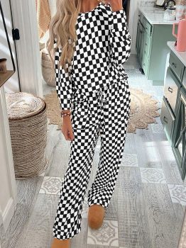 Black Checkered Print Long Sleeve Top and Pants Lounge Set
