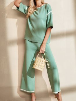 Canton Contrast Trim Half Sleeve Top Drawstring Pants Loose 2pcs Sweater Suit