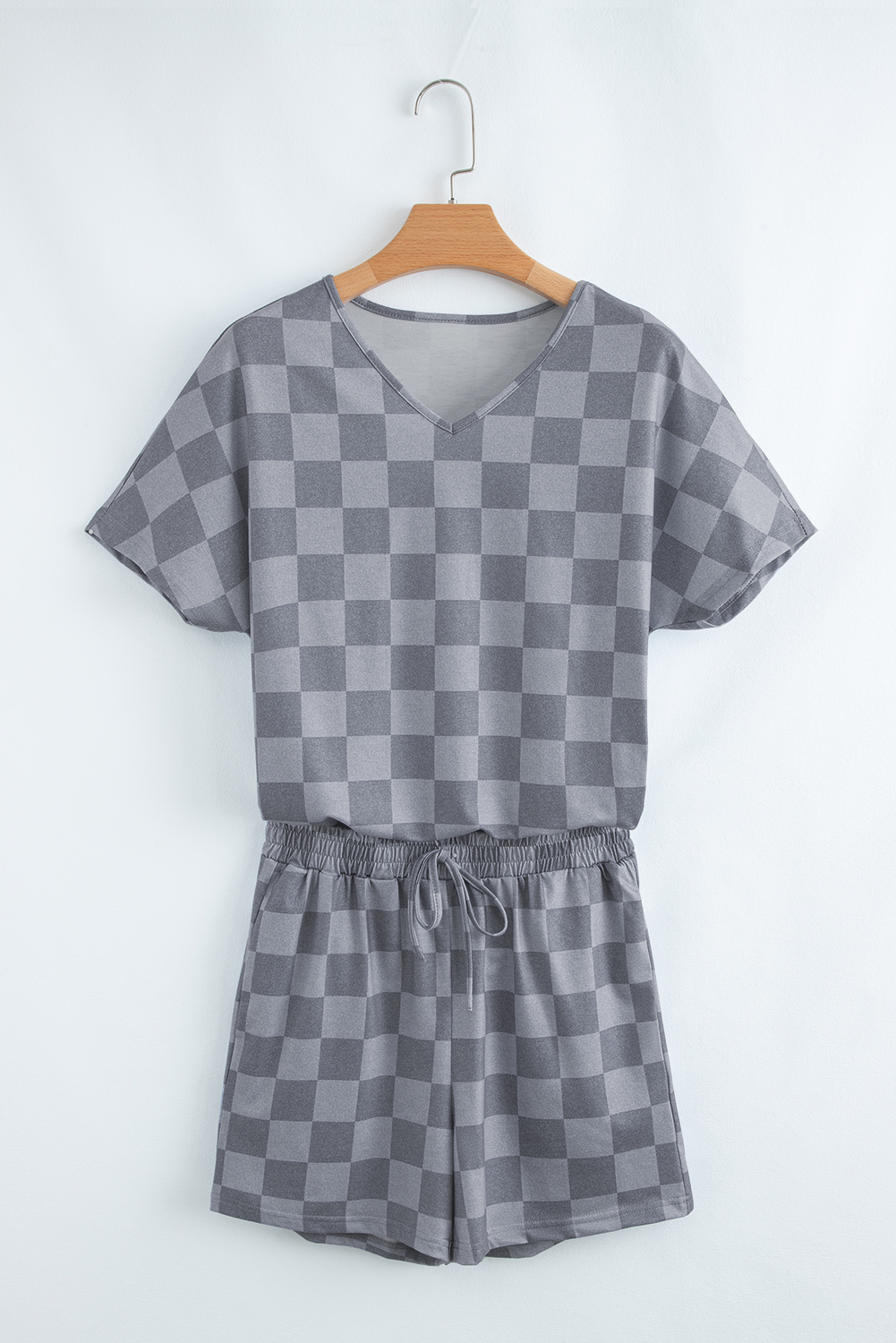 Gray Checkered V Neck Tee Drawstring Shorts Lounge Set - Image 3