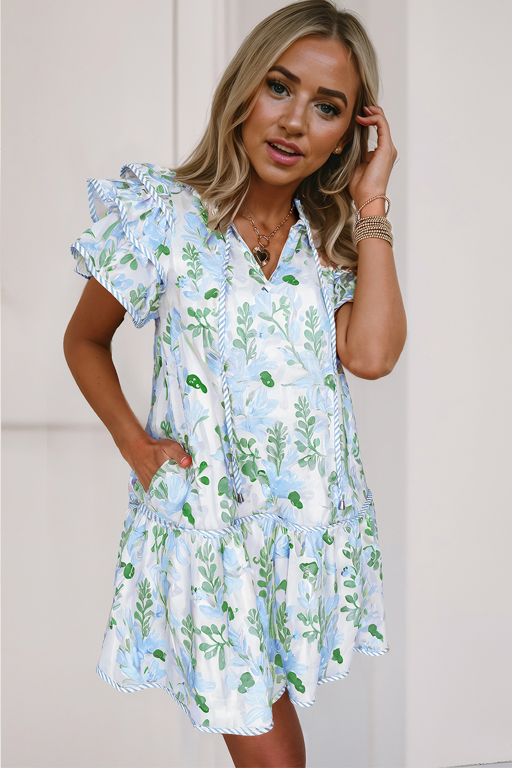 Sky Blue Floral Contrast Edge Layered Short Sleeve Mini Dress - Image 3