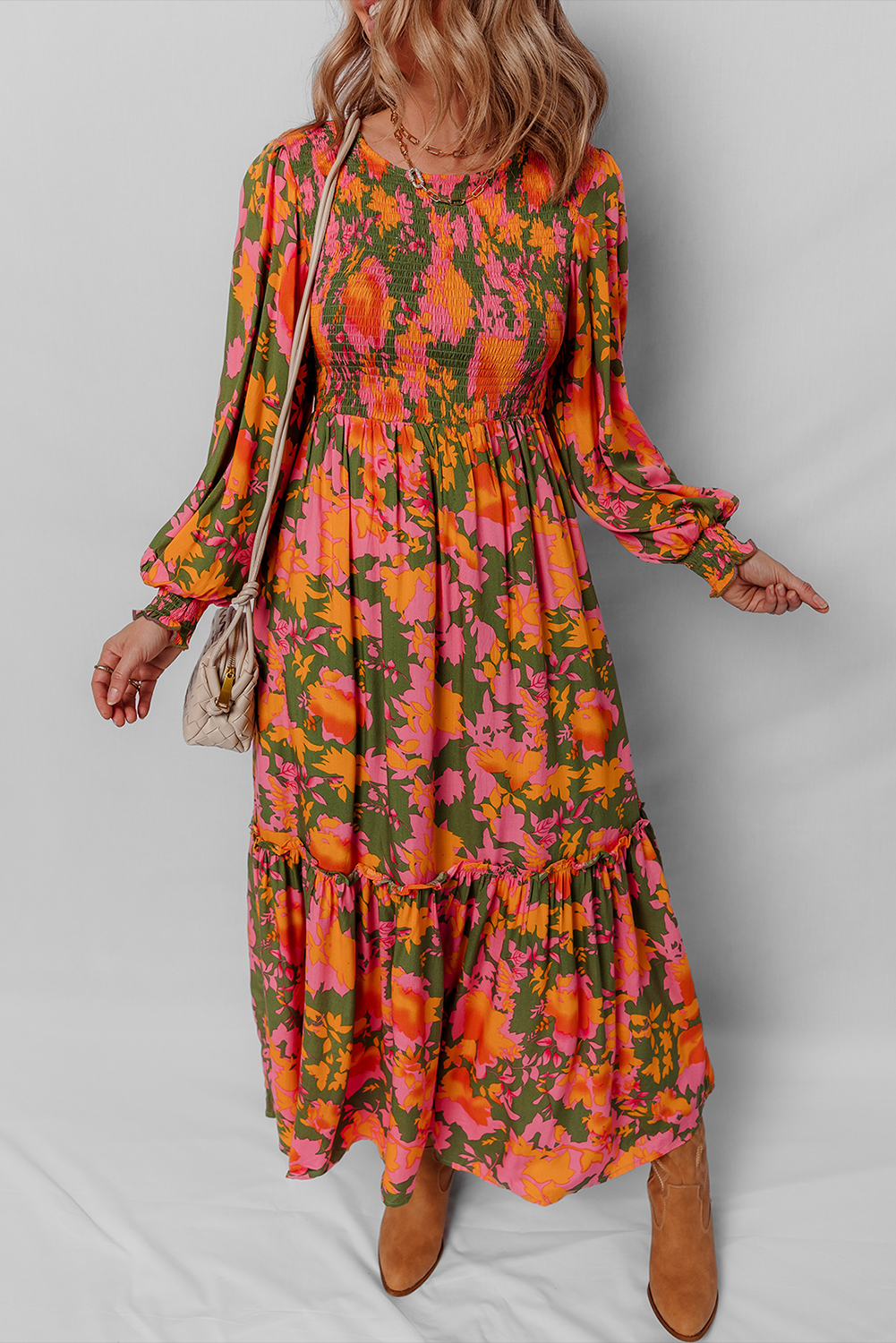 Orange Floral Puff Sleeve Smocked Bodice Ruffled Long Dress - Image 5