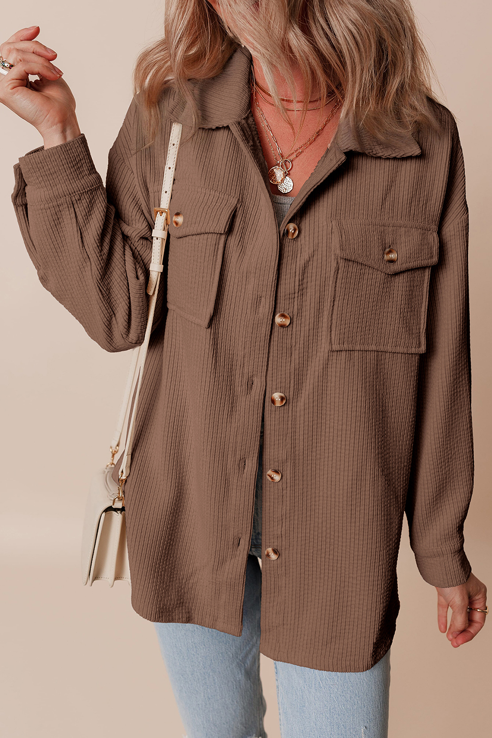 Chestnut Corduroy Flap Pocket Button Up Shacket - Image 5