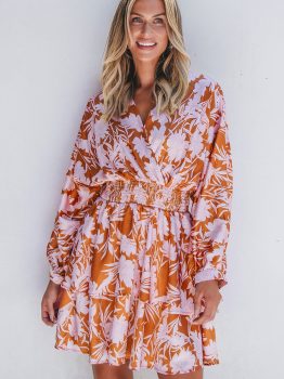 Brown Floral Puff Sleeve Smocked Waist Layered Dress