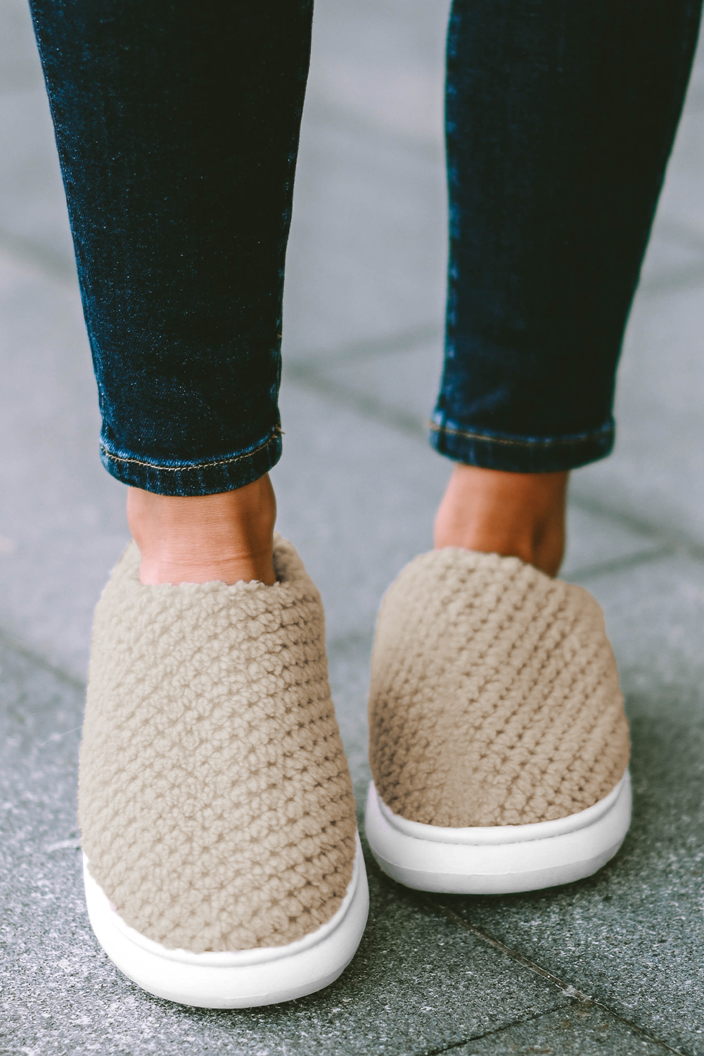Pale Khaki Two-tone Knitted Warm Homewear Slippers - Image 2