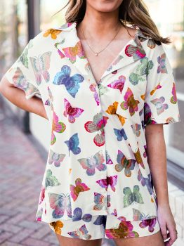 Multicolour Butterfly Pattern Short Sleeve Shirt Pajamas Set