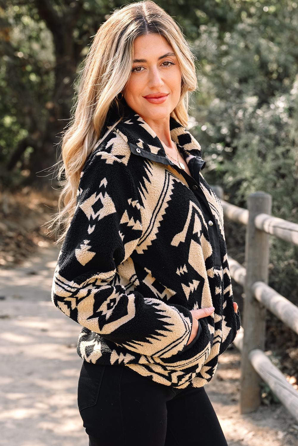 Black Western Aztec Half Placket Plush Sweatshirt - Image 3