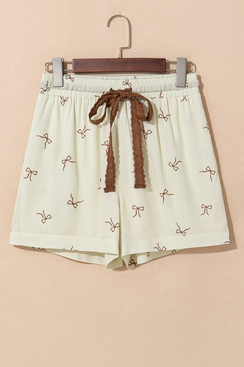 White Bow Print Lace Drawstring Elastic Waistband Casual Shorts - Image 3
