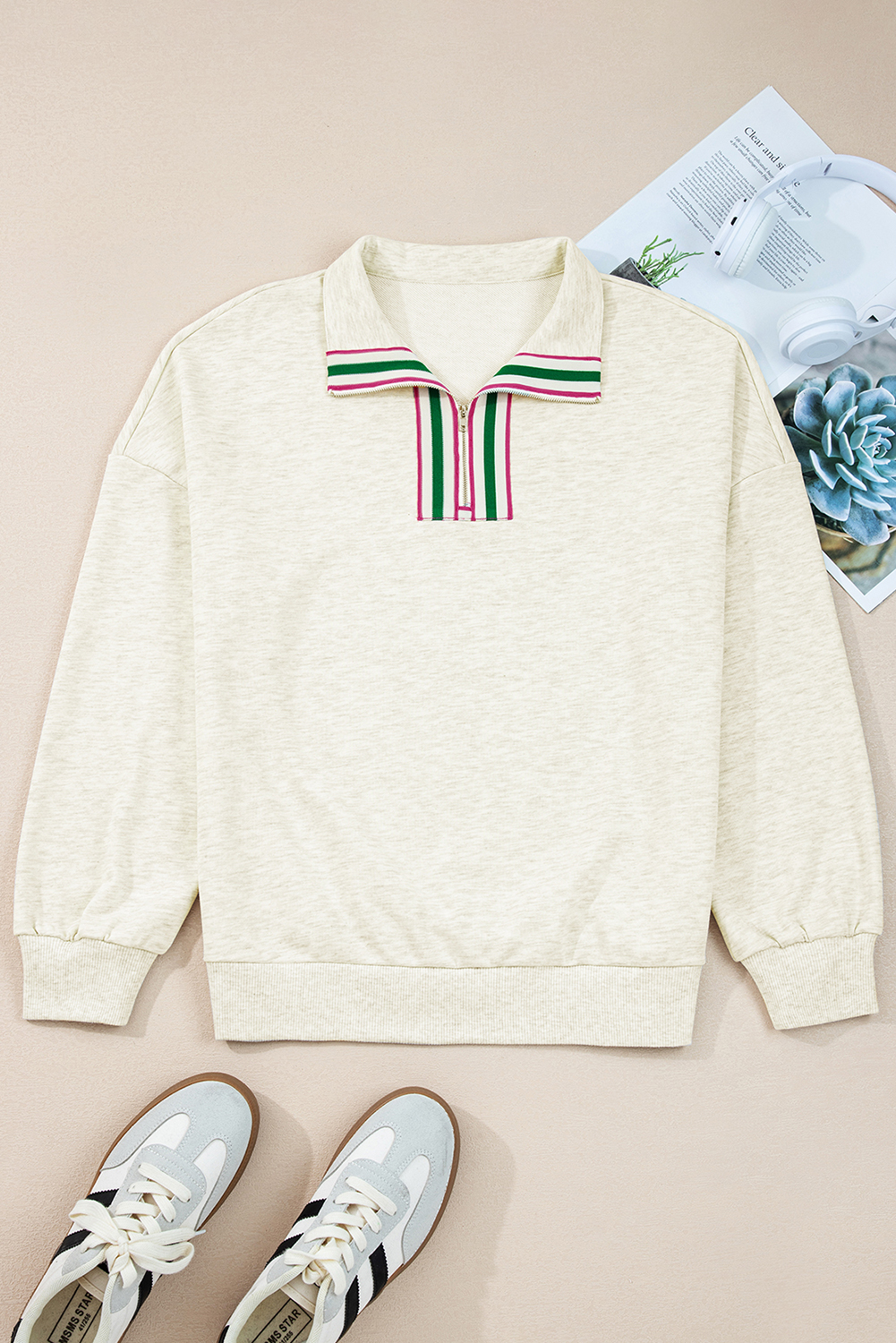 Light Grey Contrast Striped Patchwork Zip Collar Pullover Sweatshirt - Image 3