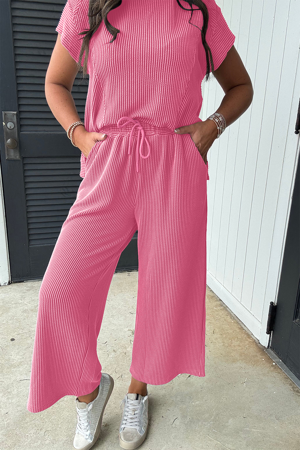 Bright Pink Solid Corded Knit Short Sleeve T Shirt and Wide Leg Pants Set - Image 8