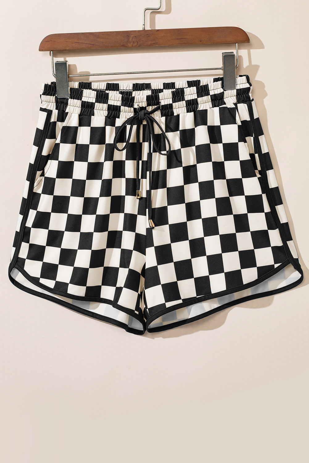 Black Checkered Drawstring Elastic Waist Casual Shorts - Image 8