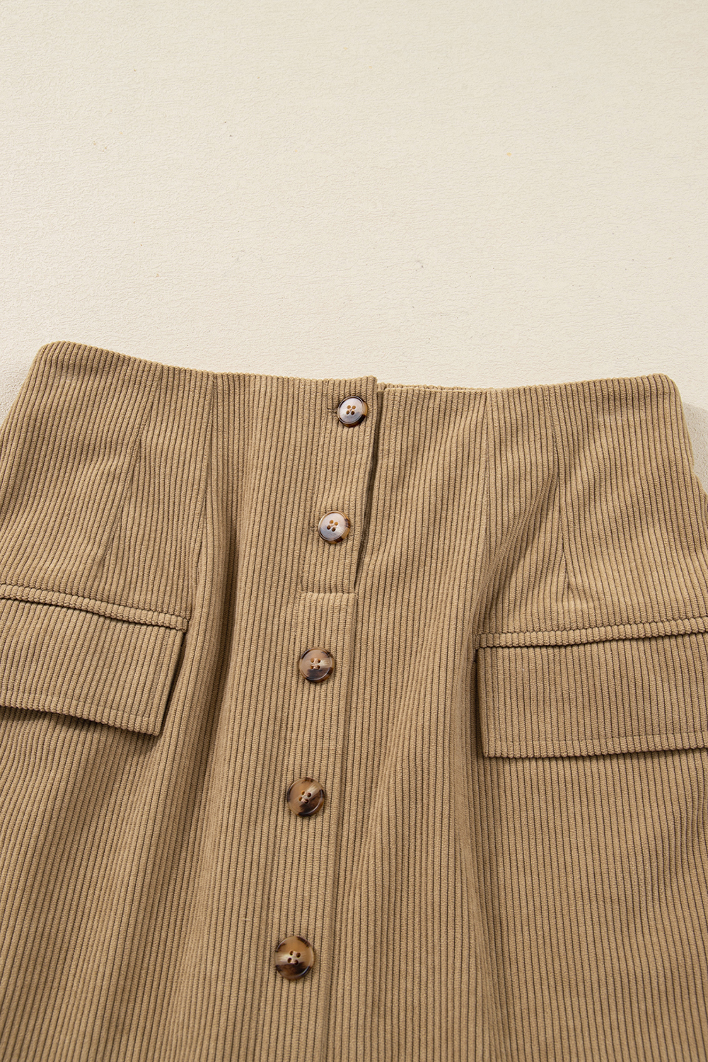 Camel Corduroy Buttoned Front Faux Pockets Mini Skirt - Image 4