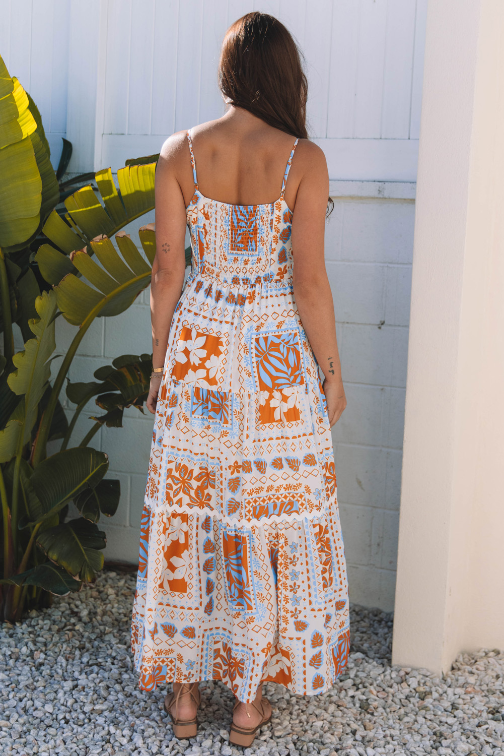 Orange Multi Printed Ricrac Trim Spaghetti Straps Maxi Dress - Image 2