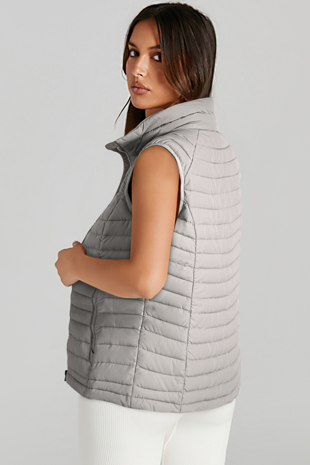 Silvery Plush Collared Quilted Zipped Puffer Vest - Image 7