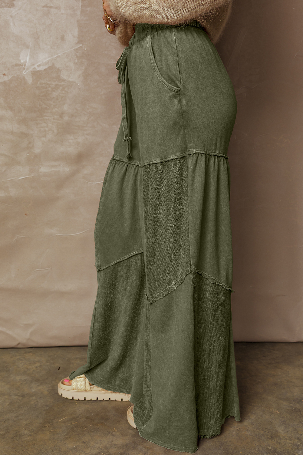 Vineyard Green Mineral Wash Tiered Wide Leg Patchwork Drawstring Pants - Image 3