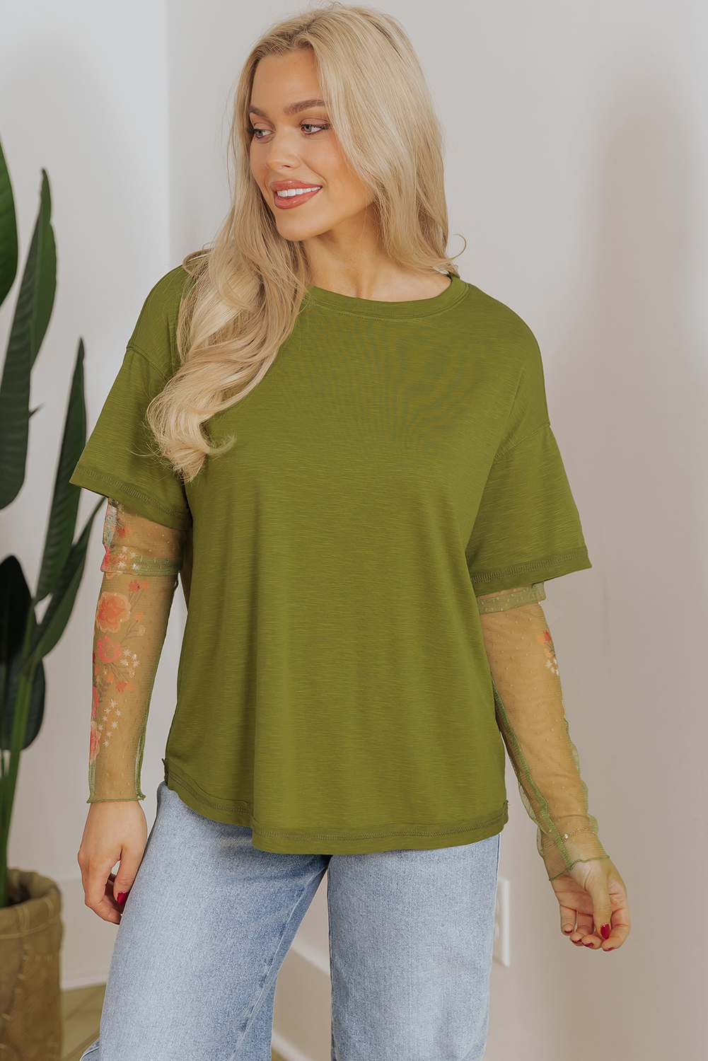 Fern Green Faux Two Piece Floral Long Sleeve Patchwork Tee - Image 6
