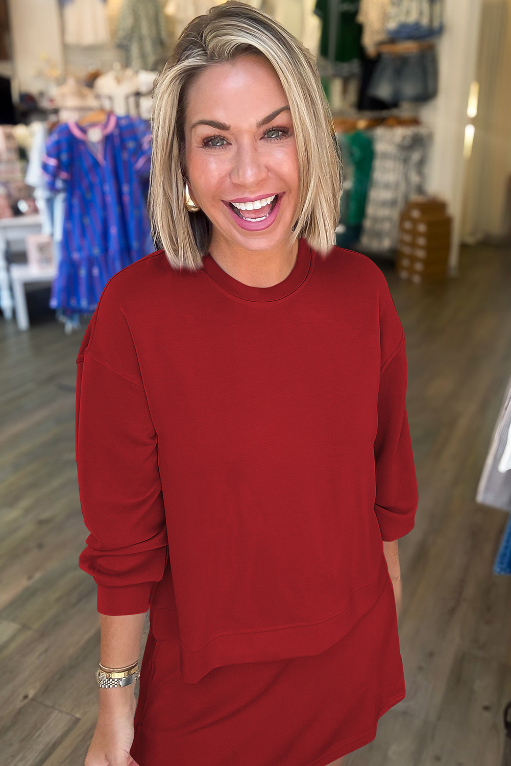 Racing Red Solid Color Drop Shoulder Pullover Drawstring Mini Skirt 2pcs Outfit - Image 3