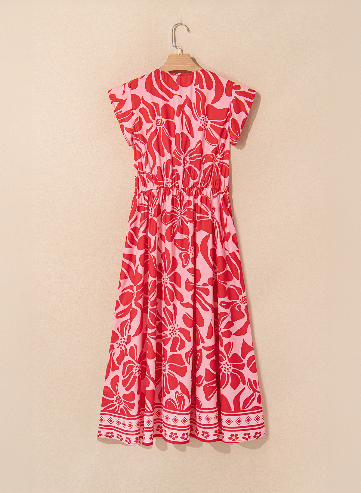 Red Boho Floral Short Sleeve V Neck Buttoned Shirred Waist Long Dress - Image 5