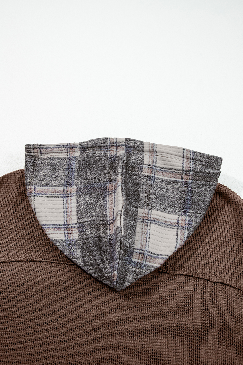 Brown Plaid Patchwork Button Down Drawstring Hooded Shacket - Image 7