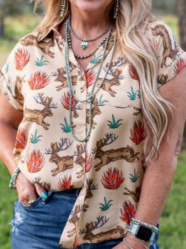 Khaki Plus Size Western Pattern Print Buttoned Short Sleeve Shirt