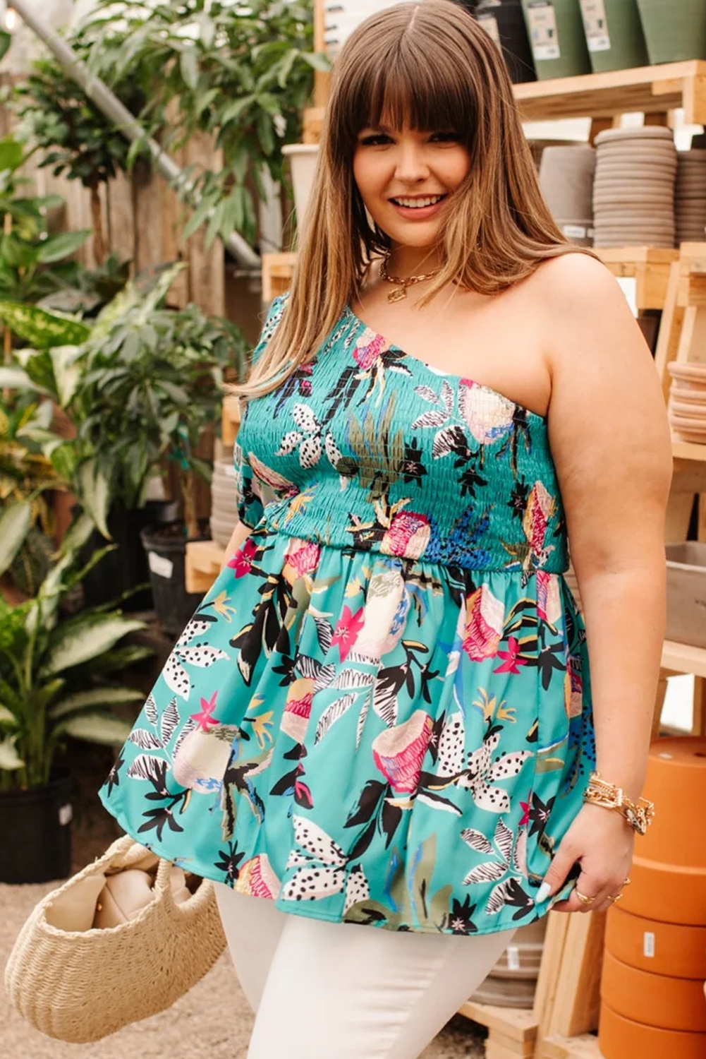 Green Plus Size Floral Smocked Bodice Single Puff Short Sleeve Babydoll Blouse - Image 3