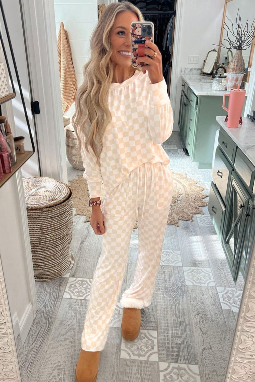 Beige Checkered Print Long Sleeve Top and Pants Lounge Set - Image 4