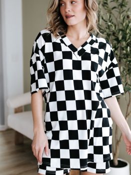 Black Checkerboard Print V Neck Loose Tee and Shorts Lounge Set