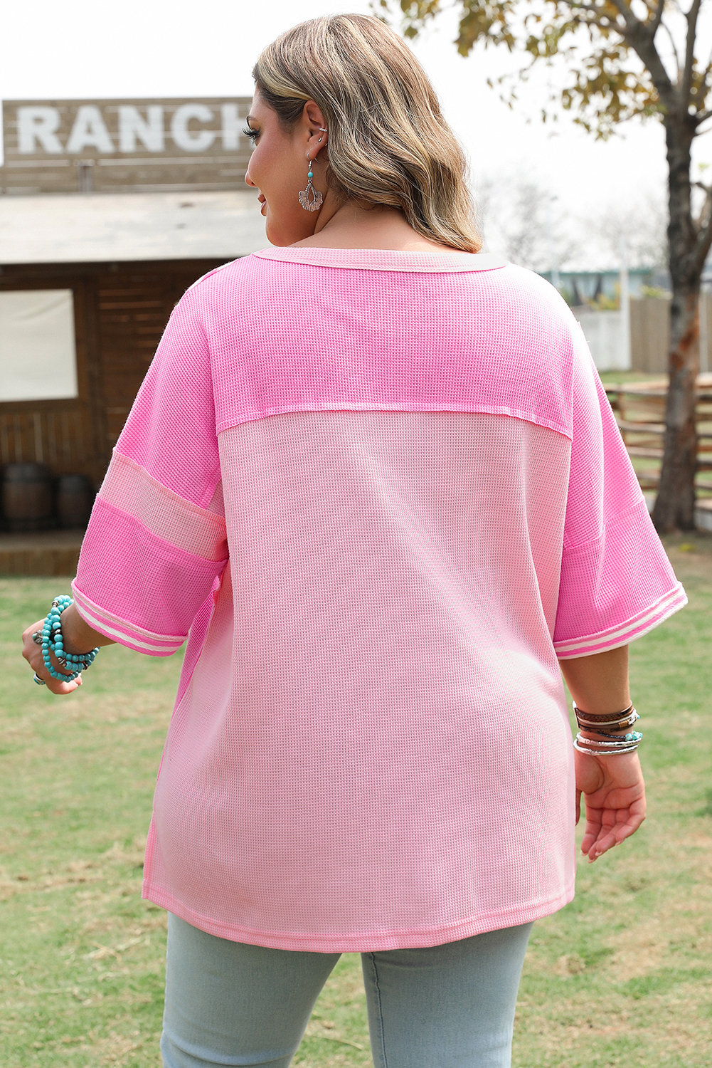 Pink Stripe Patchwork Colorblock Plus Size T Shirt - Image 2