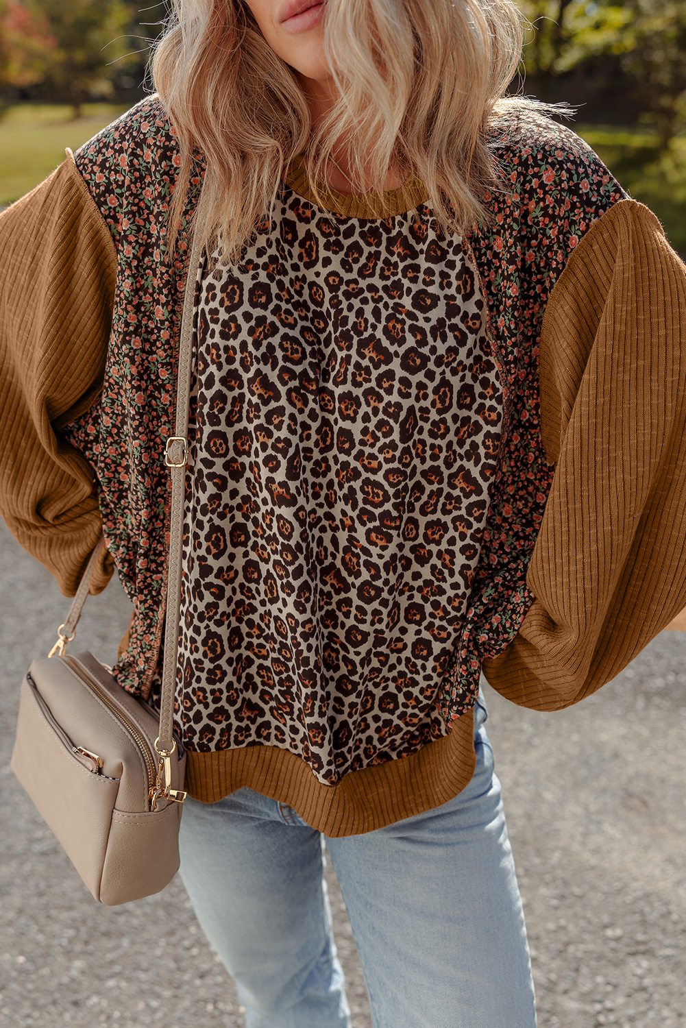 Brown Leopard Floral Print Ribbed Puff Sleeve Patchwork Loose Pullover - Image 4