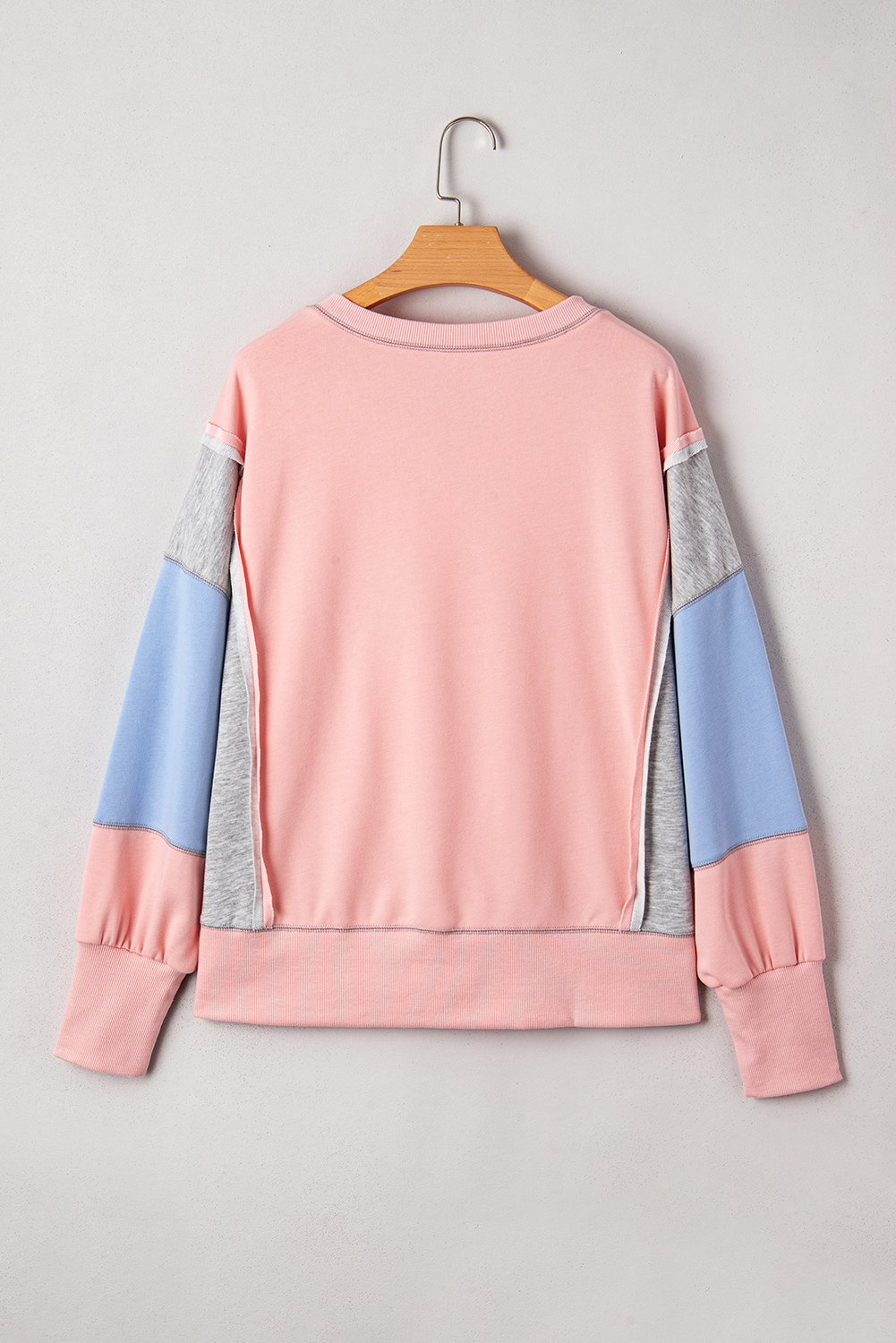 Apricot Pink Exposed Seam Color Block Patchwork Slit Cuffs Oversize Sweatshirt - Image 4