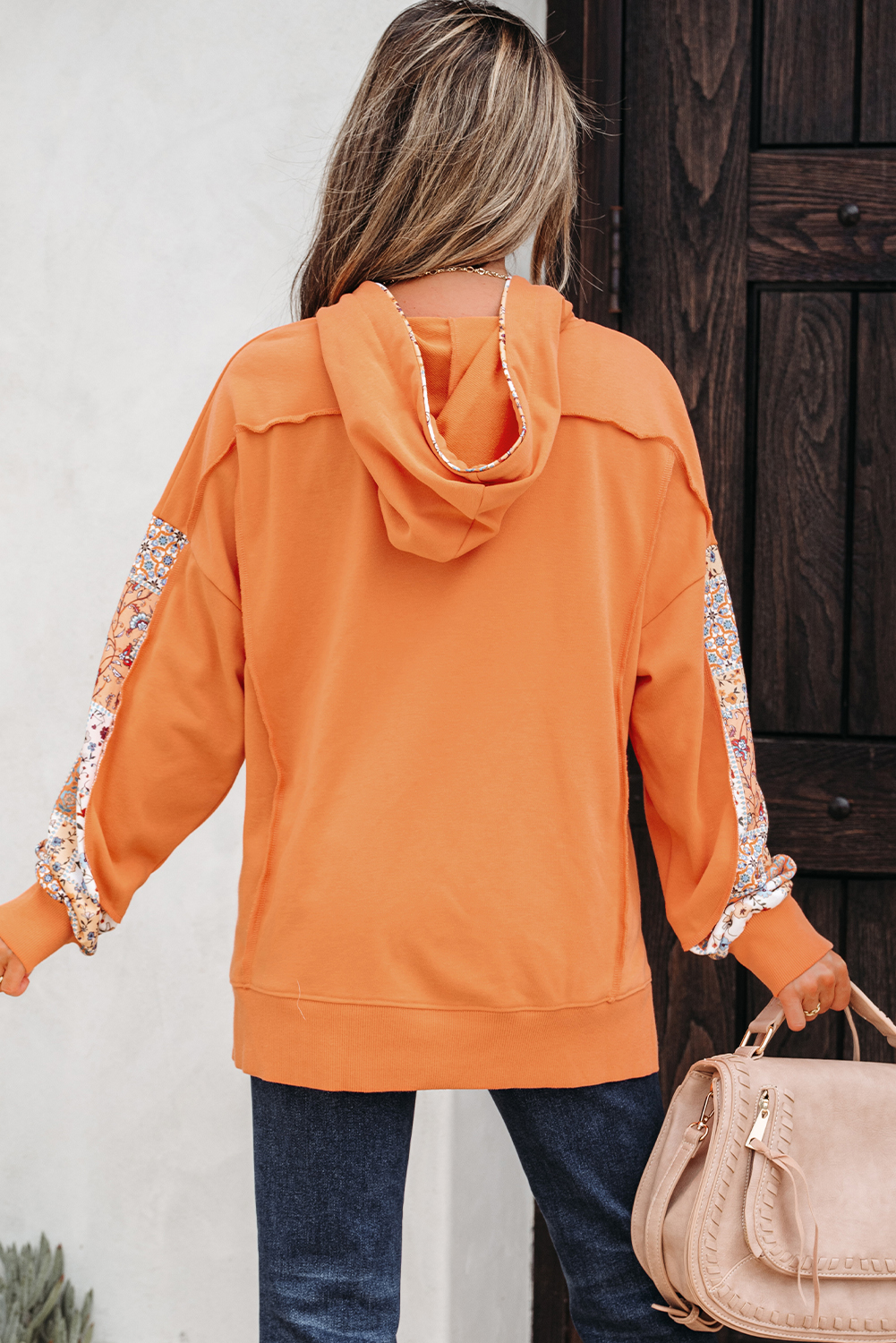 Flamingo Mix Floral Patchwork Side Slit Drawstring Hoodie - Image 2