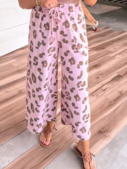Pink Drawstring Leopard Print Patch Pocket Loose Pants