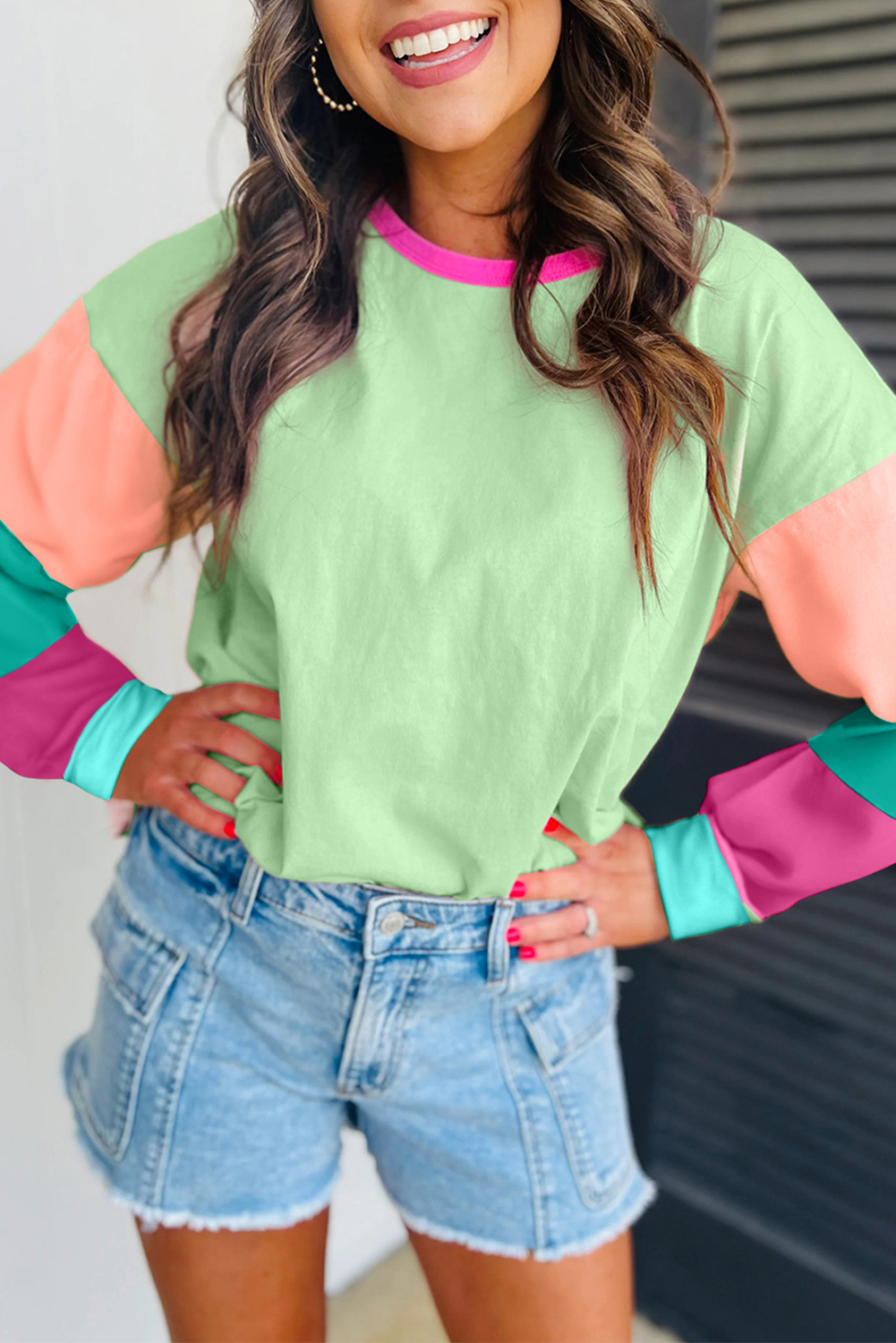 Green Colorblock Patchwork Long Sleeve Loose Top - Image 2