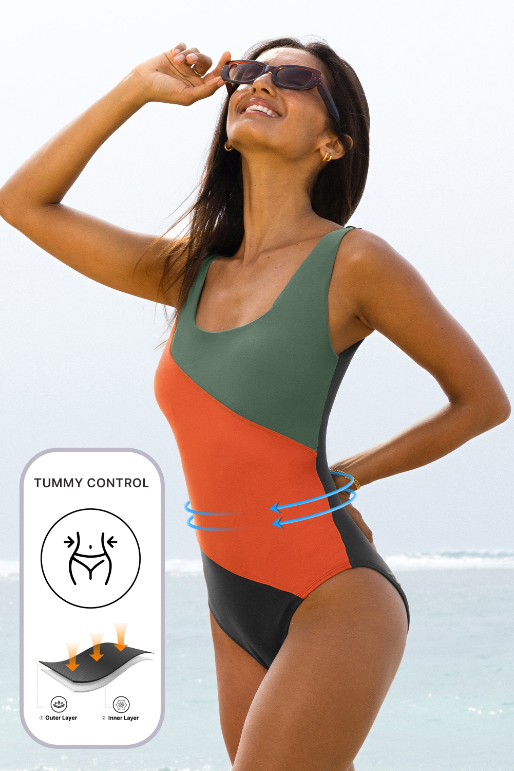 Duffel Green Color Block Padded Square Neck One Piece Swimsuit - Image 2