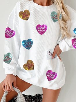 White Valentines Slogan Heart Sequin Corded Baggy Sweatshirt