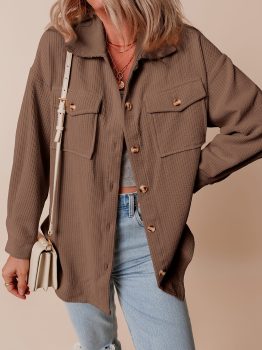 Chestnut Corduroy Flap Pocket Button Up Shacket