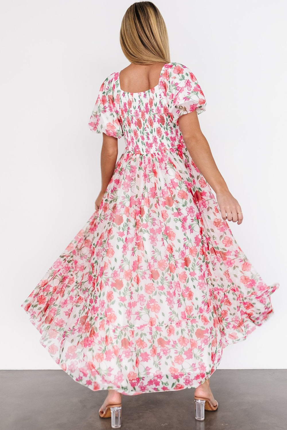 Pink Plus Size Floral Square Neck Puff Sleeve Ruffle Maxi Dress - Image 2